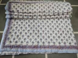 Indian Block Printed Cotton Quilt Hand Quilted Kantha Bed Cover - thumbnail 1