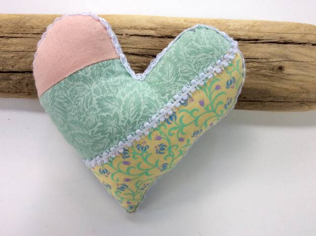Handmade Pastel Heart Pillow, Vintage Fabric Ornament, Shelf Sitter - image 1