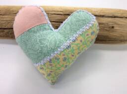 Handmade Pastel Heart Pillow, Vintage Fabric Ornament, Shelf Sitter - thumbnail 1