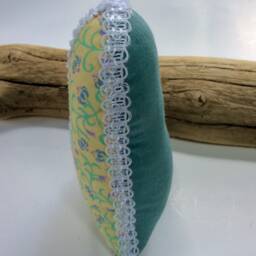 Handmade Pastel Heart Pillow, Vintage Fabric Ornament, Shelf Sitter - thumbnail 3