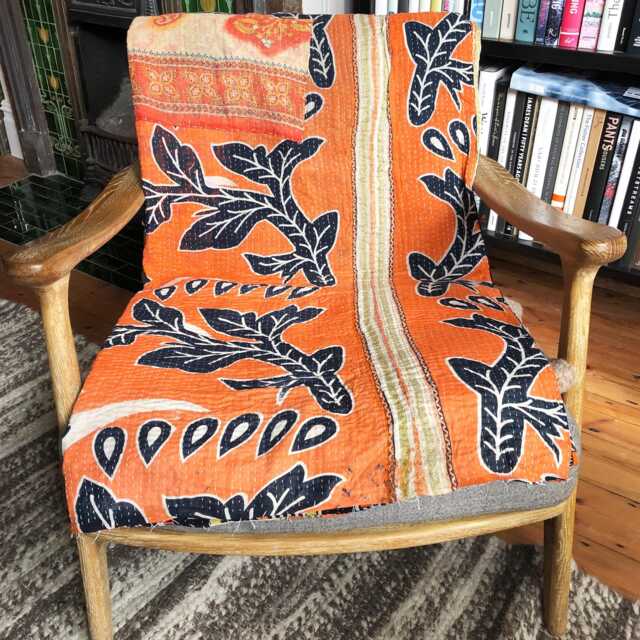 Sale Kantha Throw - Orange & Black Design On Beige Reverse Leaf Unique/One Of A Kind/Vintage - image 1