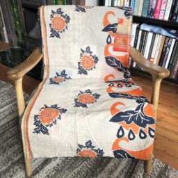 Sale Kantha Throw - Orange & Black Design On Beige Reverse Leaf Unique/One Of A Kind/Vintage - thumbnail 2