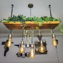 Rustic Wooden Beam Chandelier - Industrial Ceiling Light For Kitchen Island & Dining Table - thumbnail 2