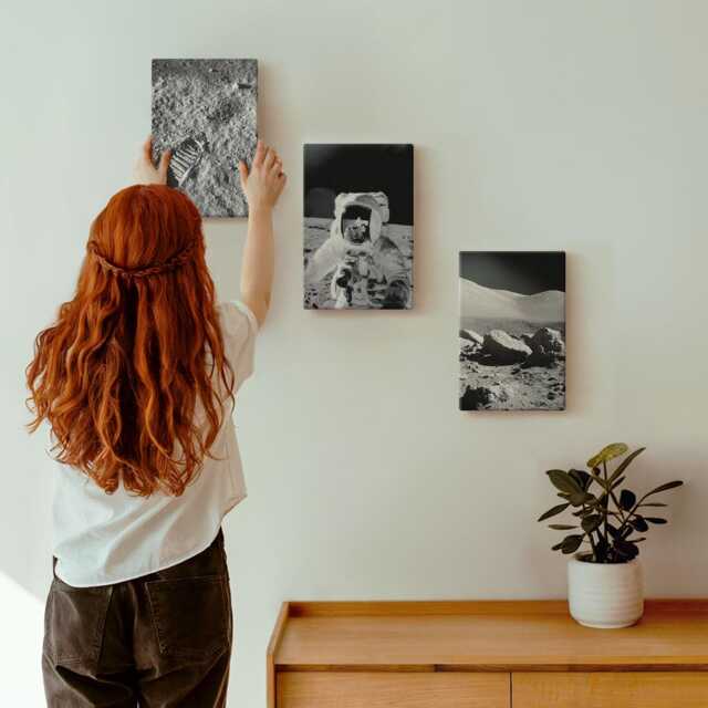 3 Piece Canvas Set - Moon Photos With Astronaut & Footprint, Black White Picture Print, Space Astrology Wall Decor - image 1