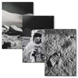 3 Piece Canvas Set - Moon Photos With Astronaut & Footprint, Black White Picture Print, Space Astrology Wall Decor - thumbnail 2