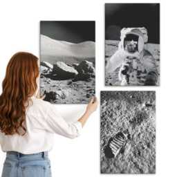 3 Piece Canvas Set - Moon Photos With Astronaut & Footprint, Black White Picture Print, Space Astrology Wall Decor - thumbnail 3