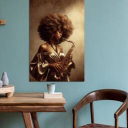 African Beautiful Girl Playing Saxophone Mounted On Bars Wall Art, Hangings, Home D??cor, Canvas Art Print - thumbnail 3