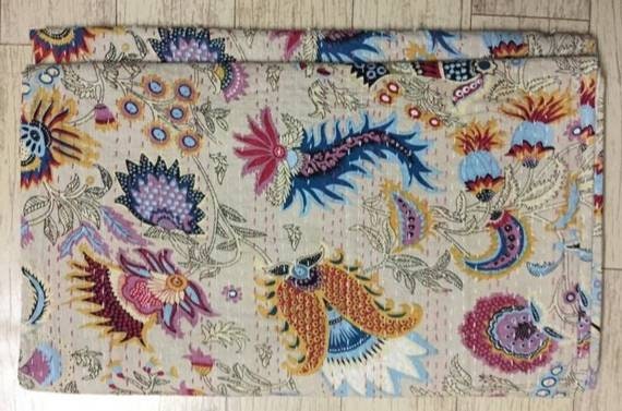 Floral Dragon Print Kantha Quilt, Handmade Indian Bedspread - 90x60 - image 1
