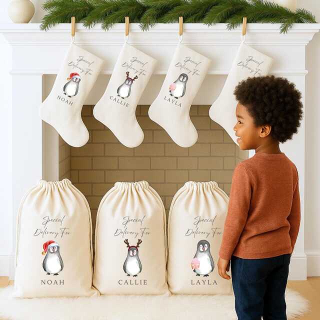 Personalised Family Stockings, Christmas Gifts, Decor, Penguin Custom Stocking, Decorations - image 1
