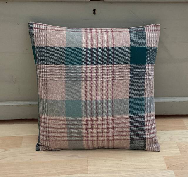 Katrine Handmade Tartan Plaid Cushion Cover Teal Beige Tweed Pillow Sham - image 1