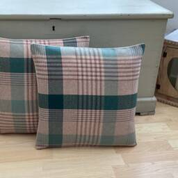 Katrine Handmade Tartan Plaid Cushion Cover Teal Beige Tweed Pillow Sham - thumbnail 2