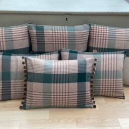 Katrine Handmade Tartan Plaid Cushion Cover Teal Beige Tweed Pillow Sham - thumbnail 3