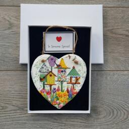 Decoupage Birdhouse Slate Heart Plaque Floral Garden Wall Decor - thumbnail 3
