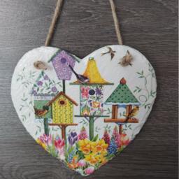 Decoupage Birdhouse Slate Heart Plaque Floral Garden Wall Decor - thumbnail 2