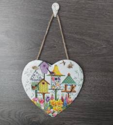 Decoupage Birdhouse Slate Heart Plaque Floral Garden Wall Decor - thumbnail 1