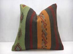 Vintage Kilim Pillow Cover, Handwoven Turkish Pillow, Bohemian Decor - 16x16 Inch - thumbnail 1