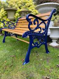 Cast Iron & Oak Garden Bench Finished in Cadburys Blue - thumbnail 1
