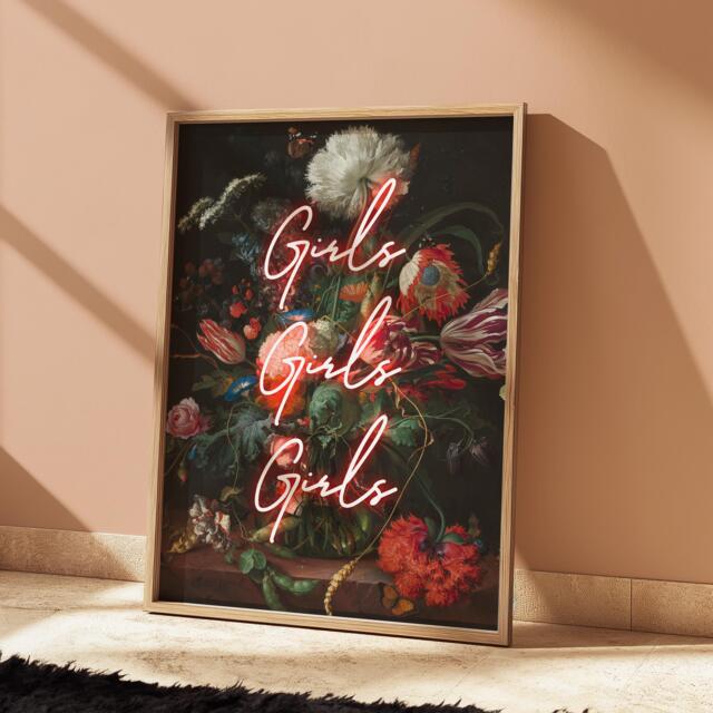 Girls Neon Floral Print, Retro Groovy Feminist Wall Art - A4 - image 1