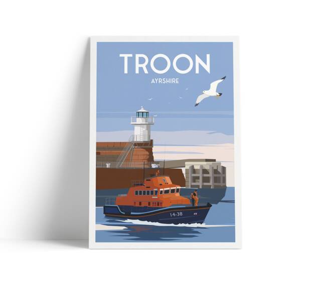Troon Print - Scotland Travel Poster Lighthouse Lifeboat Ayrshire - image 1