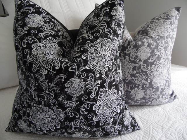 Floral Scroll Pillow Cover Charcoal Gray Or Black Cotton Home Decor - image 1
