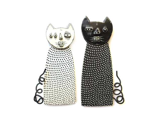Handmade Black & White Cat Wall Sculpture Ceramic & Wood - image 1
