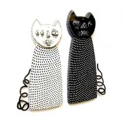 Handmade Black & White Cat Wall Sculpture Ceramic & Wood - thumbnail 3