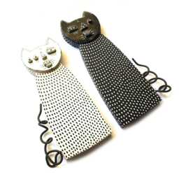 Handmade Black & White Cat Wall Sculpture Ceramic & Wood - thumbnail 2