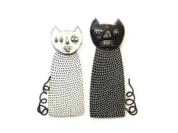 Handmade Black & White Cat Wall Sculpture Ceramic & Wood - thumbnail 1