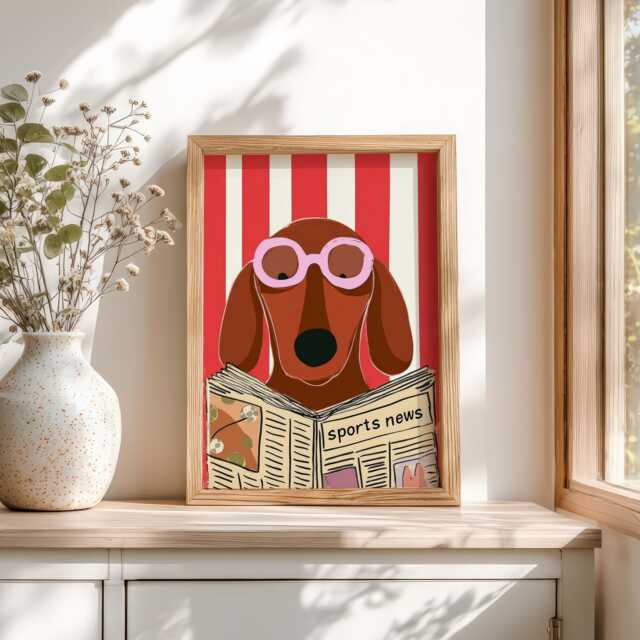 The Loo Times - Dachshund Print - Funny Toilet Wall Art Bathroom Dog Illustration Red Stripe - image 1