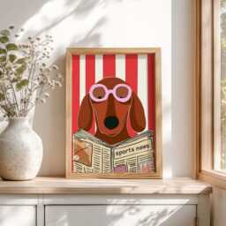 The Loo Times - Dachshund Print - Funny Toilet Wall Art Bathroom Dog Illustration Red Stripe - thumbnail 1