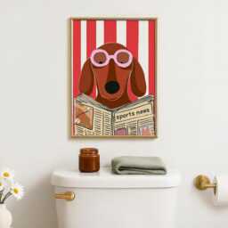 The Loo Times - Dachshund Print - Funny Toilet Wall Art Bathroom Dog Illustration Red Stripe - thumbnail 2