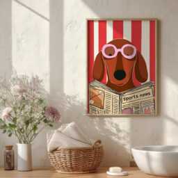 The Loo Times - Dachshund Print - Funny Toilet Wall Art Bathroom Dog Illustration Red Stripe - thumbnail 3