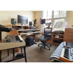 Reclaimed Wood Musician's Studio Desk 3-Tier Workstation With Keyboard Tray - thumbnail 2