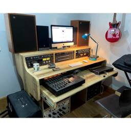 Reclaimed Wood Musician's Studio Desk 3-Tier Workstation With Keyboard Tray - thumbnail 3