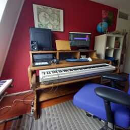 Reclaimed Wood Musician's Studio Desk 3-Tier Workstation With Keyboard Tray - thumbnail 4