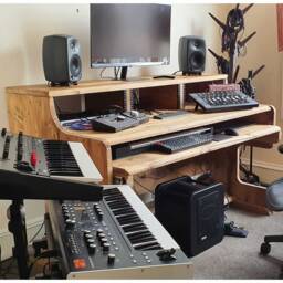 Reclaimed Wood Musician's Studio Desk 3-Tier Workstation With Keyboard Tray
