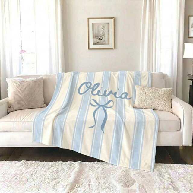 Custom Striped Blanket With Name, Name Blankets, Color Family Throw Teacher Gifts, Personalized Stripes Baby - image 1