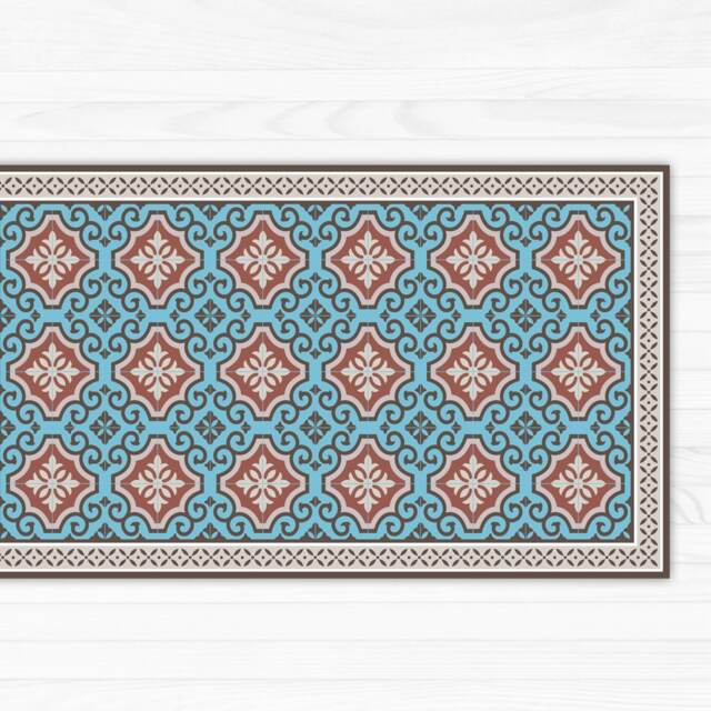 Linoleum Rug, Turquoise & Terracotta Area Rug Or Kitchen Mat, With Classic Tiles Design - Art Mat Printed PVC Vinyl Floor Mat - image 1
