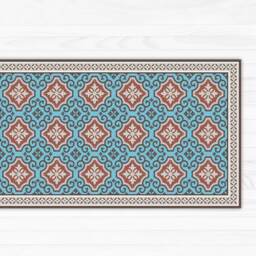 Linoleum Rug, Turquoise & Terracotta Area Rug Or Kitchen Mat, With Classic Tiles Design - Art Mat Printed PVC Vinyl Floor Mat - thumbnail 1
