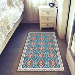 Linoleum Rug, Turquoise & Terracotta Area Rug Or Kitchen Mat, With Classic Tiles Design - Art Mat Printed PVC Vinyl Floor Mat - thumbnail 2