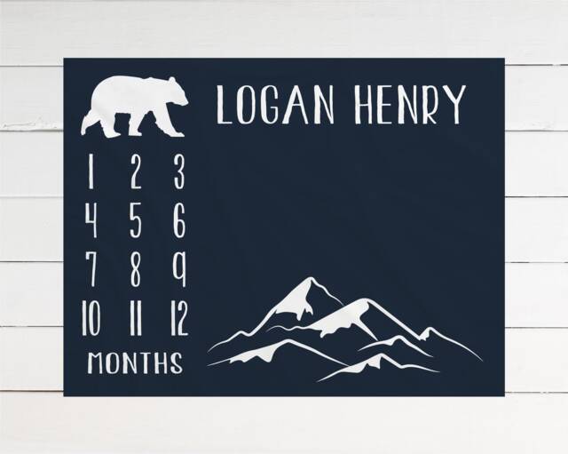 Bear Baby Milestone Blanket, Monthly Growth Tracker, Personalized Custom Shower Gift, New Boy - image 1