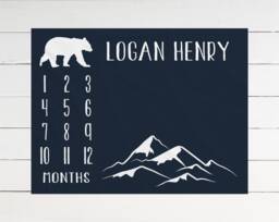 Bear Baby Milestone Blanket, Monthly Growth Tracker, Personalized Custom Shower Gift, New Boy - thumbnail 1