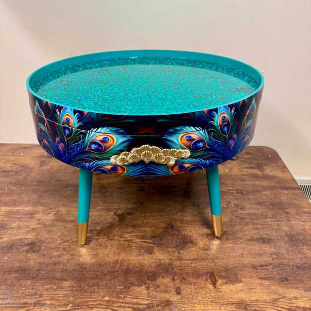 Round Coffee Table , Peacock Design, Blue, & Teal Feathers. Turquoise Glitter. Table, Lift Off Top For Storage. End Lounge - image 1