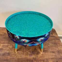 Round Coffee Table , Peacock Design, Blue, & Teal Feathers. Turquoise Glitter. Table, Lift Off Top For Storage. End Lounge - thumbnail 3