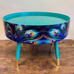 Round Coffee Table , Peacock Design, Blue, & Teal Feathers. Turquoise Glitter. Table, Lift Off Top For Storage. End Lounge - thumbnail 2