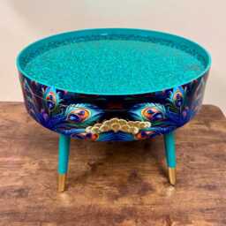 Round Coffee Table , Peacock Design, Blue, & Teal Feathers. Turquoise Glitter. Table, Lift Off Top For Storage. End Lounge - thumbnail 4