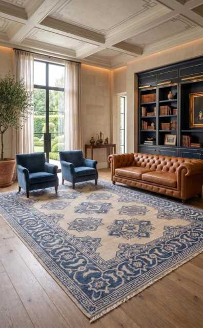 Hand Knotted Wool Rug, Geometric Oushak Style, Ivory Indigo Home Decor - 8x10 - image 1
