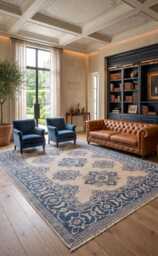 Hand Knotted Wool Rug, Geometric Oushak Style, Ivory Indigo Home Decor - 8x10 - thumbnail 1