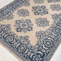 Hand Knotted Wool Rug, Geometric Oushak Style, Ivory Indigo Home Decor - 8x10 - thumbnail 2