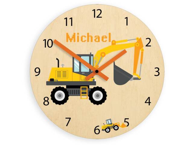 Kids Wall Clock - Excavator With Personalizen Name, Wood Clock, Large Clock Childrens Room Wall Art Decal - image 1